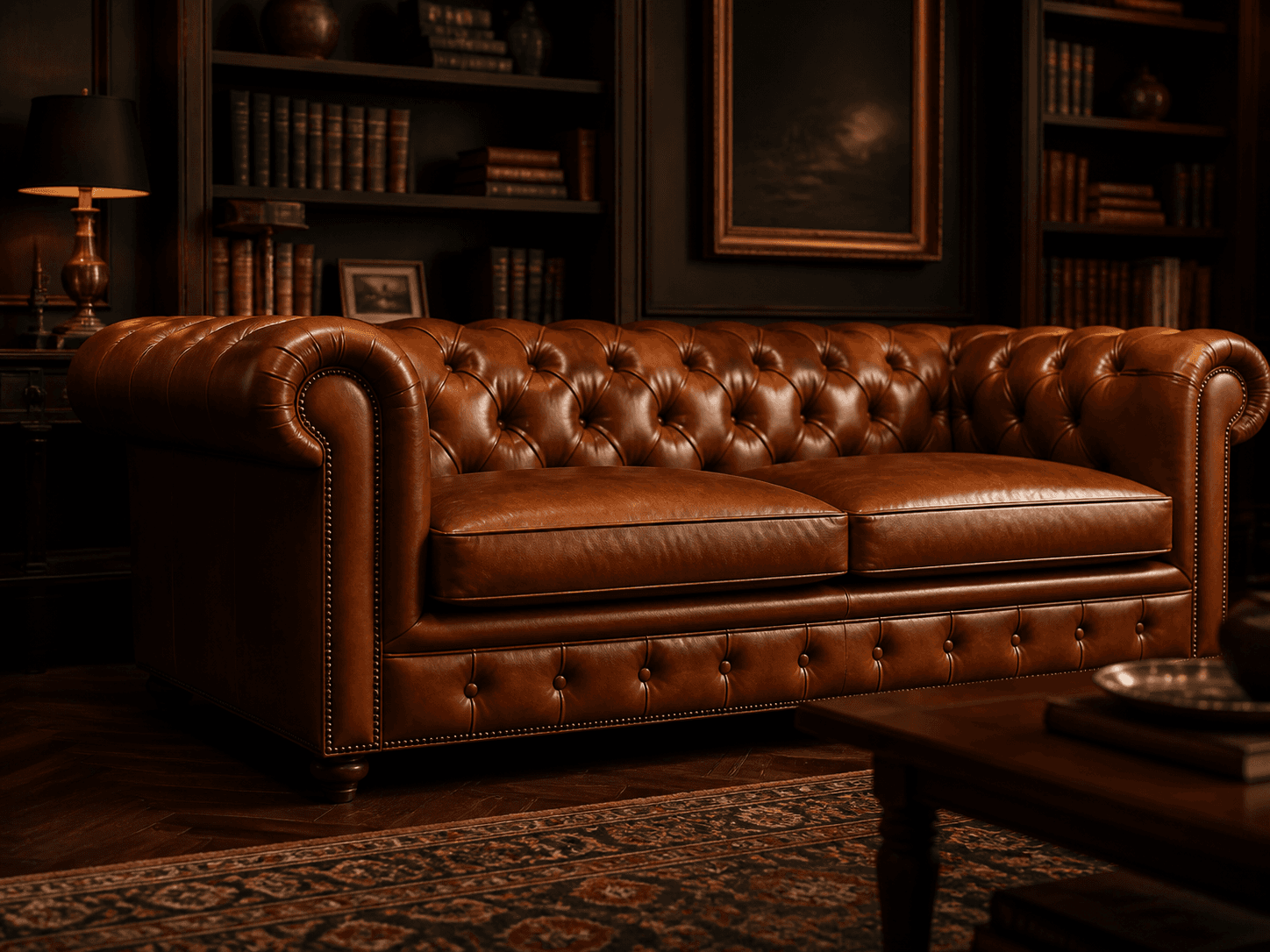 A restored leather Chesterfield sofa with deep buttoning and warm atelier lighting