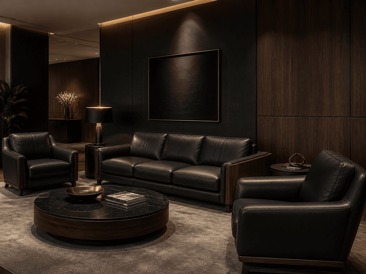 Executive lounge chairs renewed in dark leather with refined wood detailing