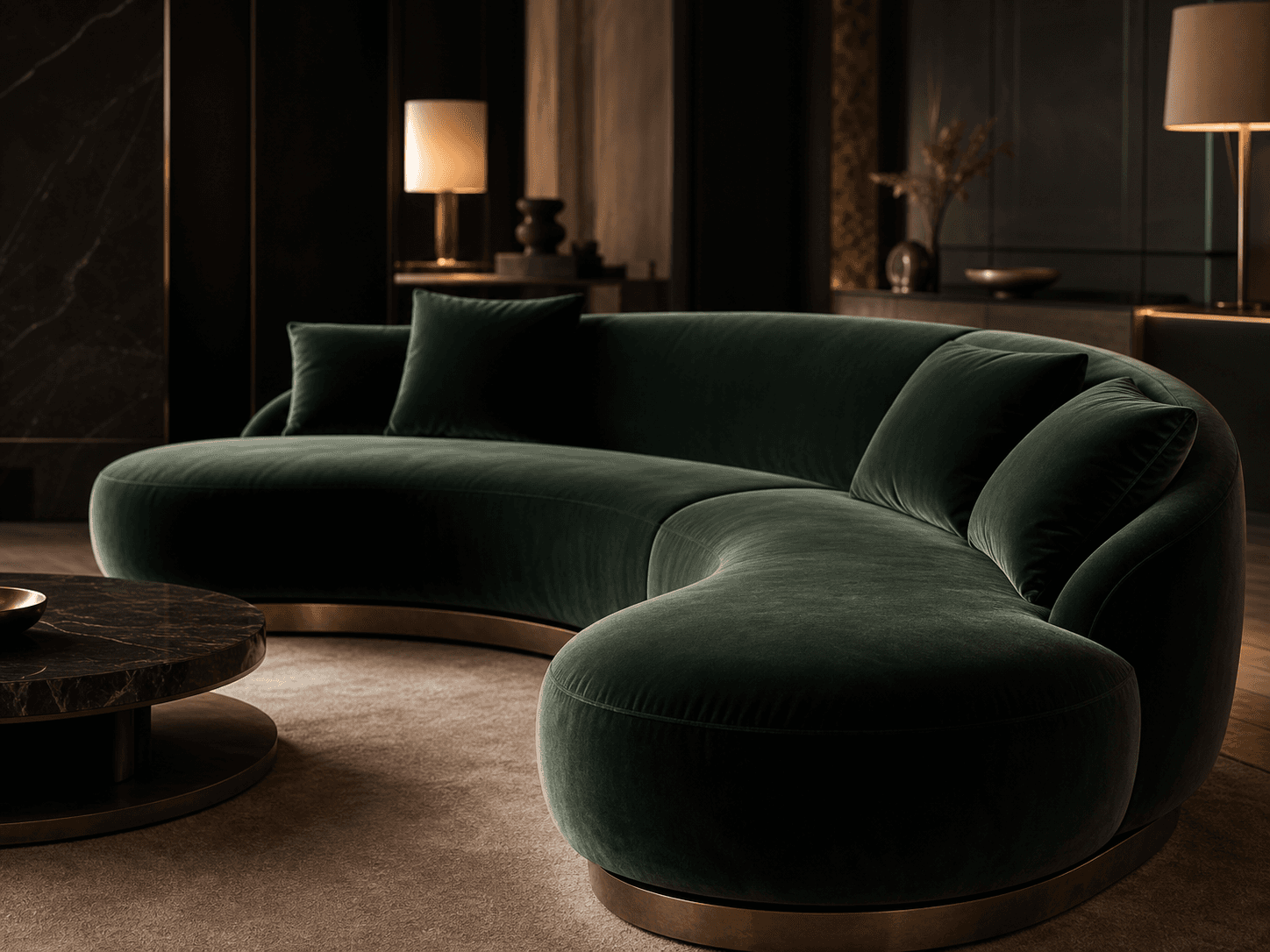 A luxury velvet upholstered sofa with sculptural cushions in a refined hospitality suite