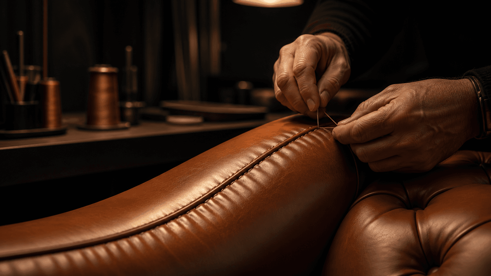 Luxury furniture restoration atelier with hand-stitched Italian leather